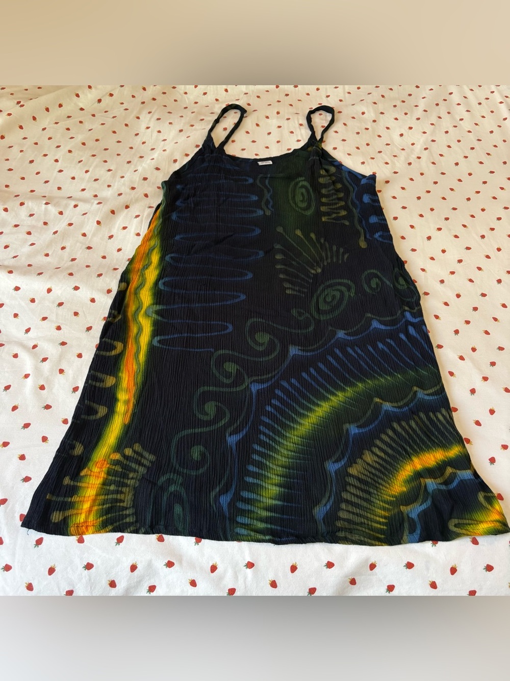 Vintage Black Mini Dress with Green and Yellow Swirl Print Women’s Size Small